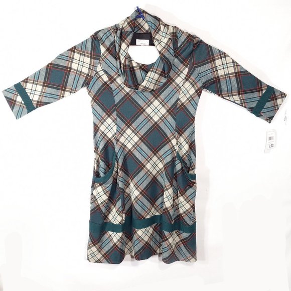 Robbie Bee Signature Sweater Dress Wm Lg Teal Plaid Cowl Turtleneck 3/4 Sleeve - Picture 1 of 12